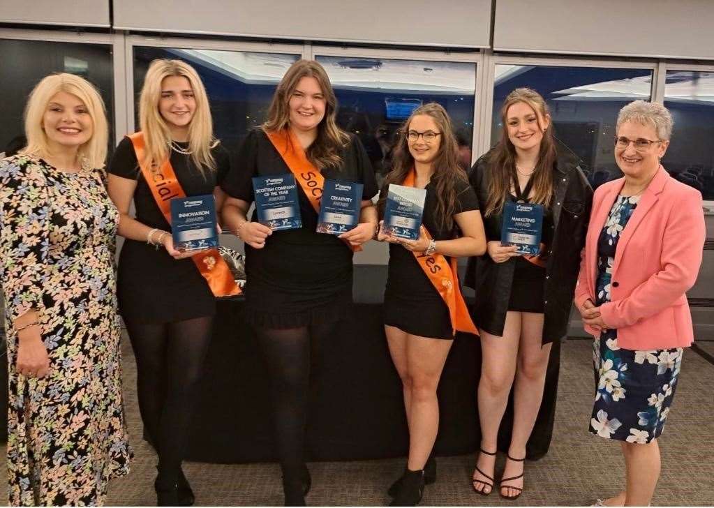 Lucy Bremner, Business Education Teacher, Thurso High School with Social Eyes Team: Simone Paul, Ashleigh Coghill, Amy Lowe, Rachel Pearson and Trudy Morris Chief Executive, Caithness Chamber of Commerce at the Scottish Young Enterprise Finals Awards Ceremony in Hampden Park, Glasgow.