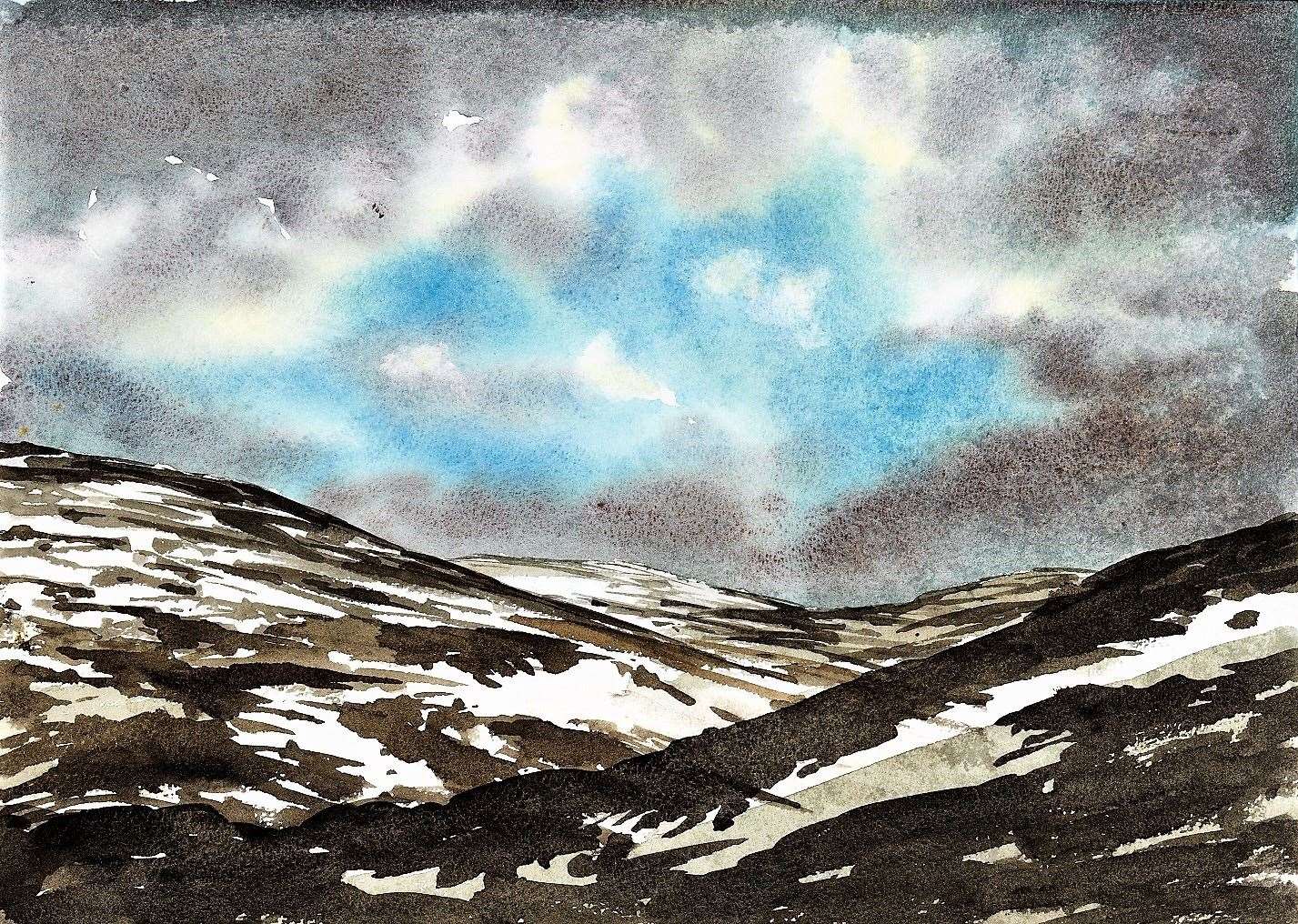 This watercolour by the Duke of Rothesay is entitled Top of Glen Baddoch in early April. Copyright AG Carrick