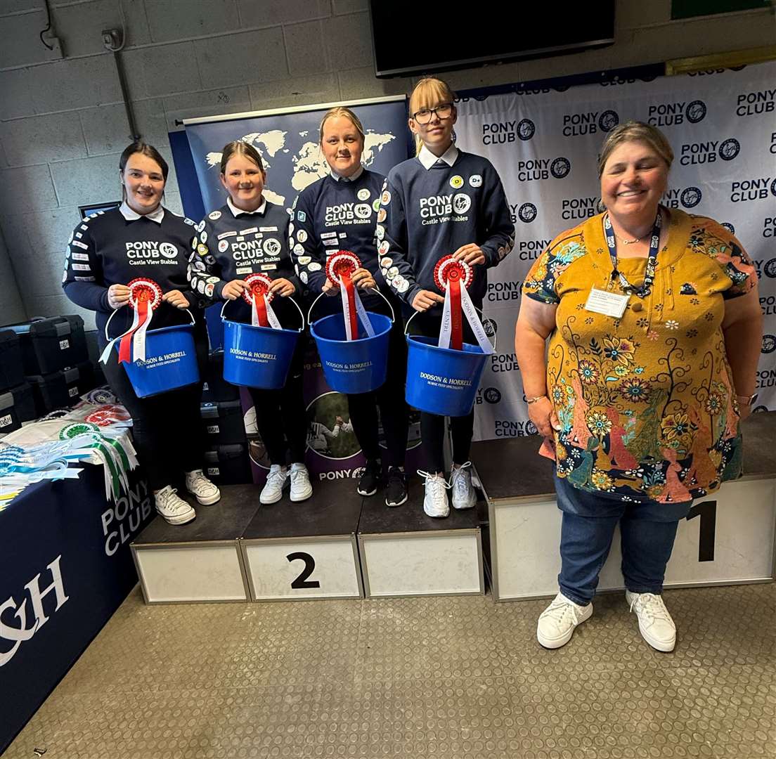 From left: Cora Houston, Brooke Miller, Maisie Statham and Lily Grace Robertson took second place in junior/senior centres, pictured with horsemanship chairperson Amelia Payne.