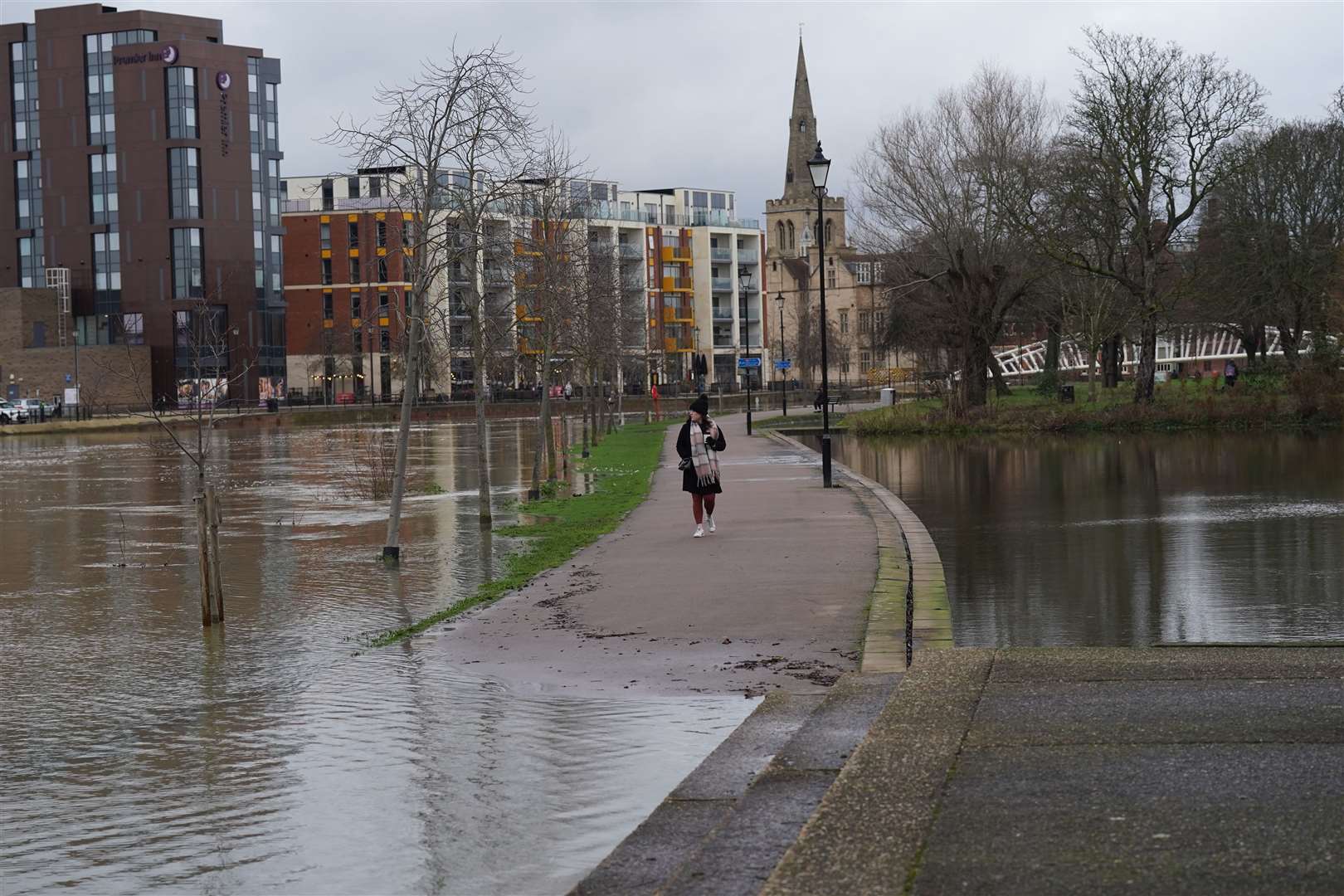 The River Great Ouse in Bedford town centre, which has burst its banks following heavy rainfall (Stefan Rousseau/PA)