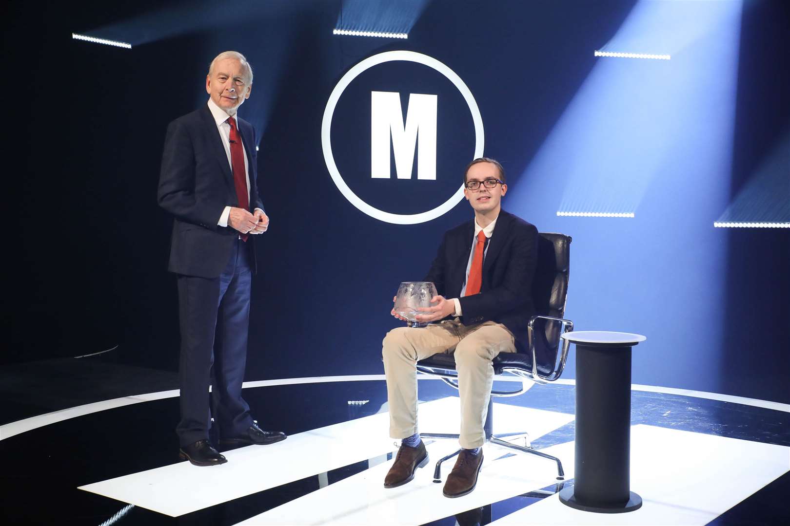 Jonathan Gibson, who in 2021 became the youngest champion at the age 24, with the then presenter John Humphrys. Picture: BBC / Hindsight and Hat Trick Productions