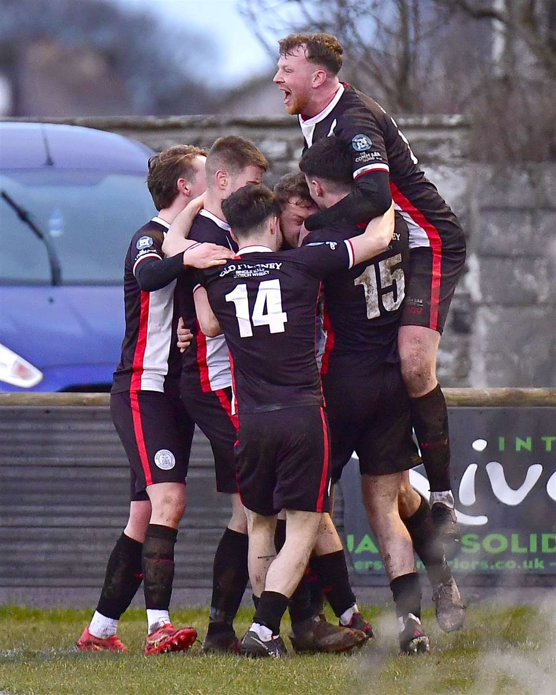 Celebrations after Jack Halliday's goal put Wick Academy 2-1 up against Formartine United at Harmsworth Park. Picture: Mel Roger