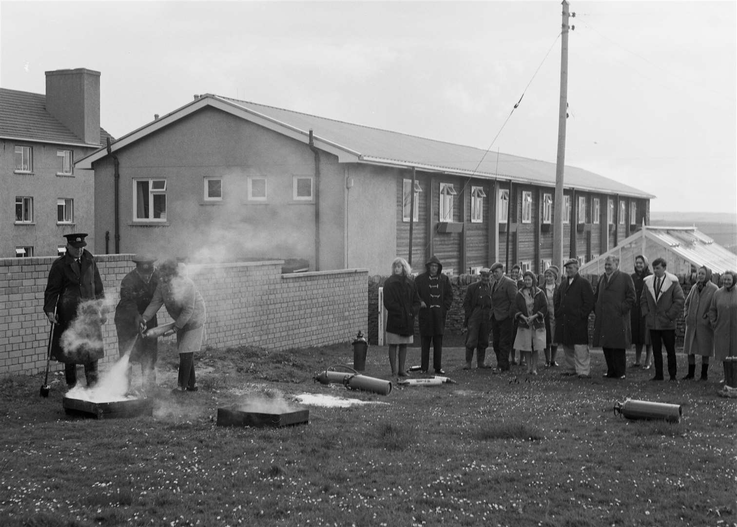 Fire training for UK Atomic Energy Authority employees beside Ormlie Lodge in Thurso. Jack Selby Collection / Thurso Heritage Society