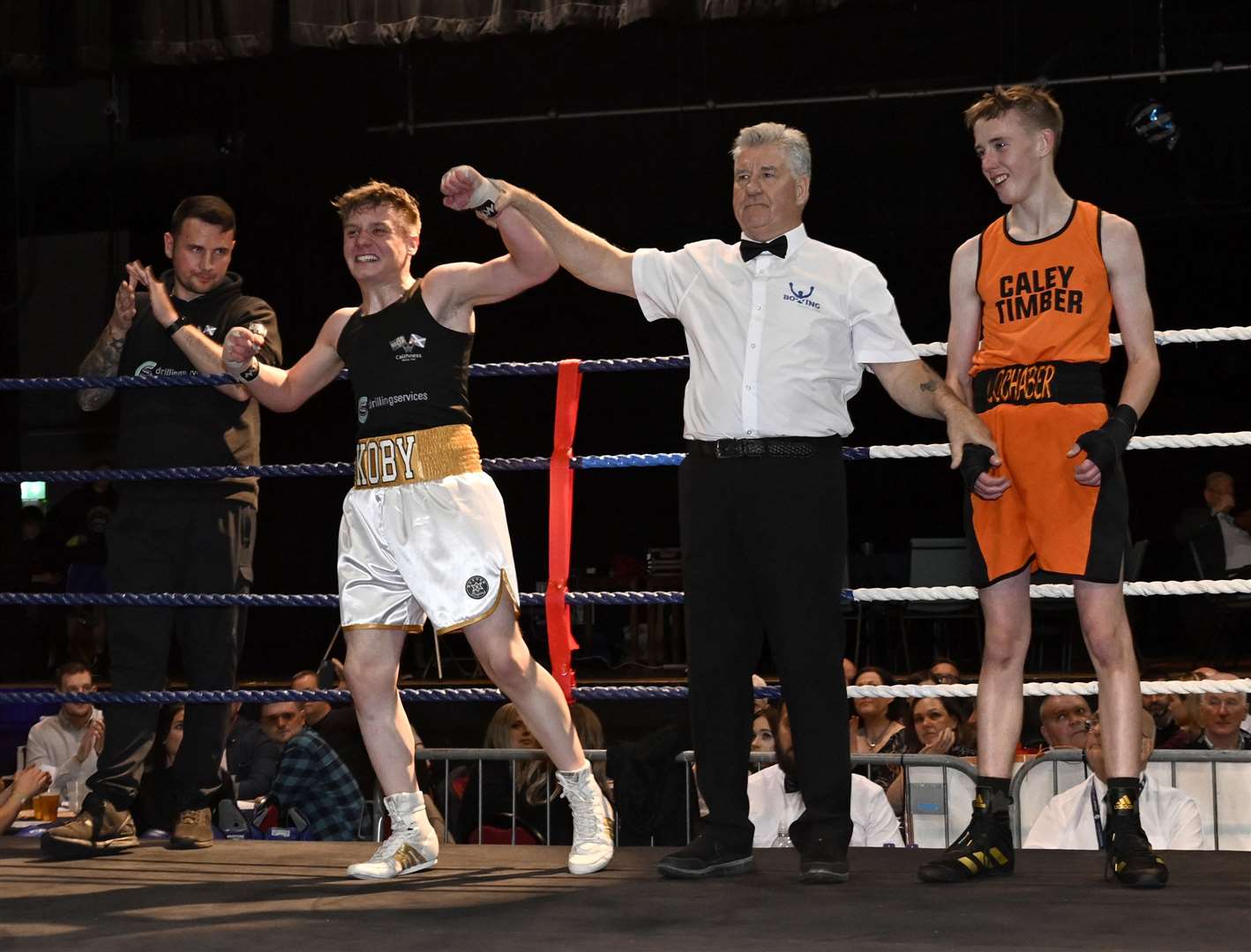 Caithness Boxing Club's Koby Stewart shows his delight as he is declared the winner in the Lochaber Phoenix Boxing Club show. Picture: Iain Ferguson / alba.photos