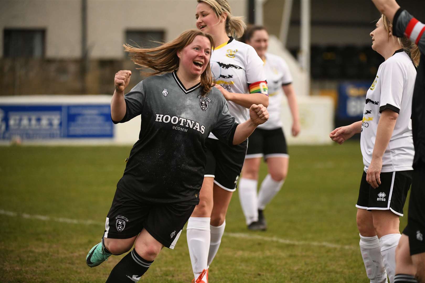 Caithness Ladies' Donna Majilton celebrates her second goal of the game. Picture: James Mackenzie