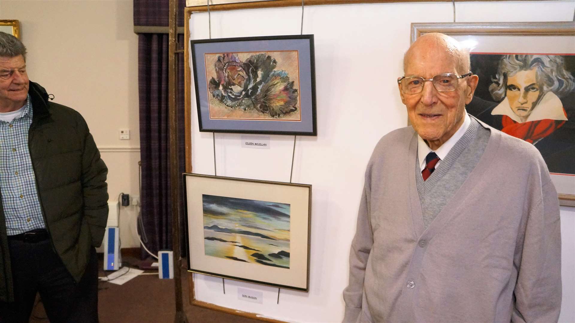In 2019 Don exhibited a painting he did during the war at an exhibition in Pentland View care home where he now resides. The painting - at lower left - shows the sun rising over west coast islands. He had to beach his plane and was stranded in the area for several days so spent some time capturing the beautiful scenery. Picture: DGS
