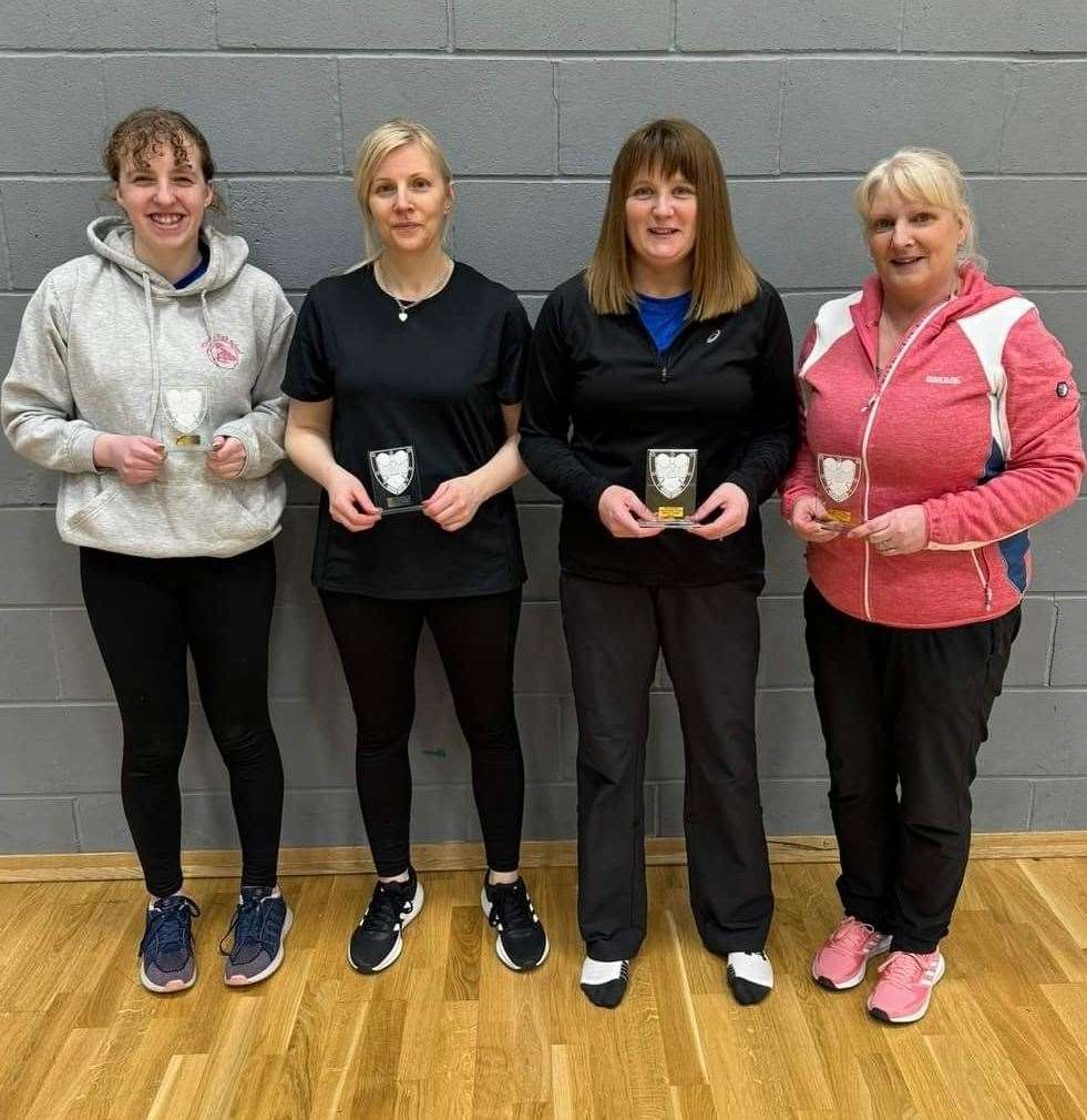Restricted women's doubles runners-up Kirsty Henderson and Lynn Gunn with winners Michelle Smith and Pauline Craig.