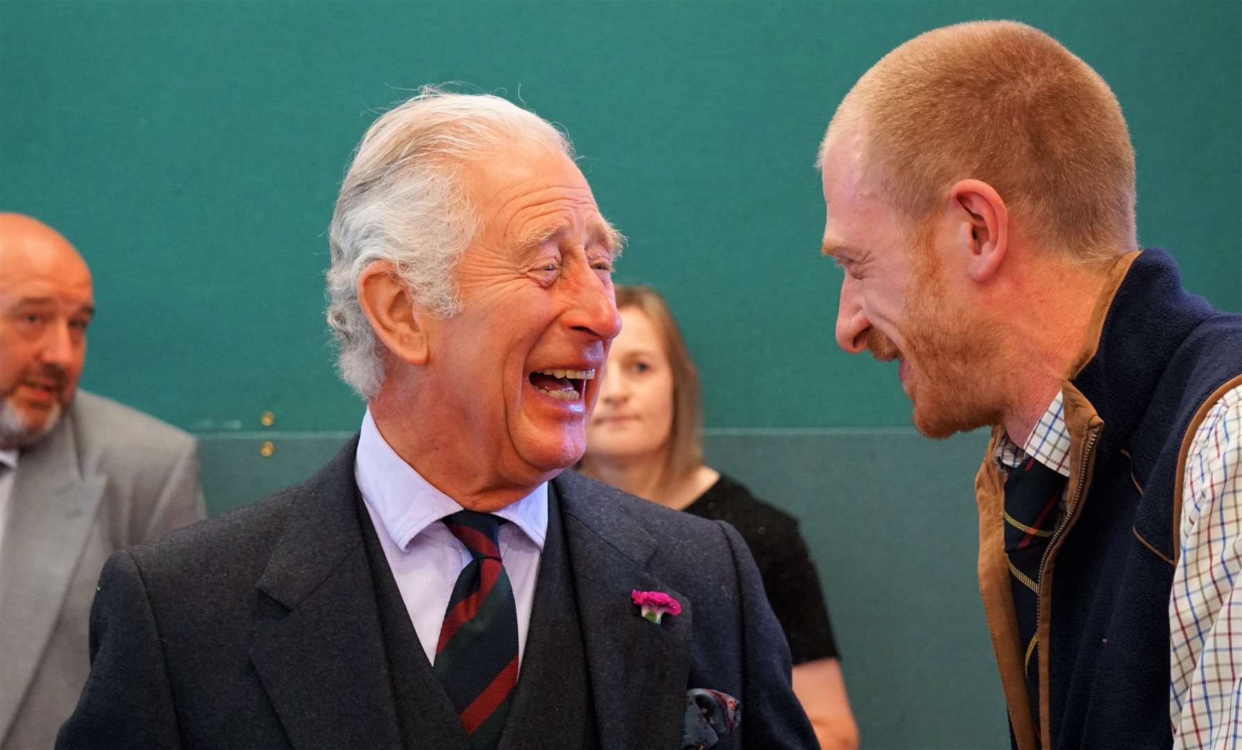 The future King sharing a light-hearted moment with Daniel Macleod, operational growth manager at Dunbeath and District Centre, during a royal visit for community groups held in the Carnegie building in Wick last July. Picture: DGS