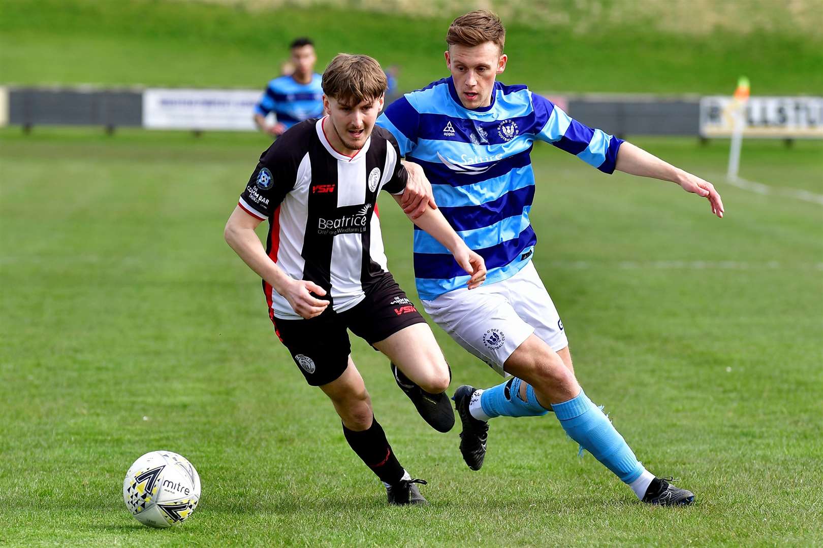 Brandon Sinclair (Wick Academy) and Lachie Macleod (Banks O' Dee) during Saturday's 1-1 draw at Harmsworth Park. Picture: Mel Roger