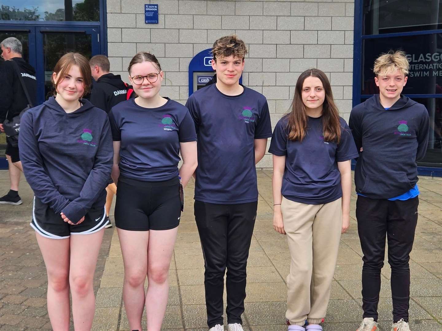 From left: Keira Bain, Megan Mackay, Tom Armitage, Emily MacDougall and Jed Armitage outside the Tollcross pool in Glasgow.