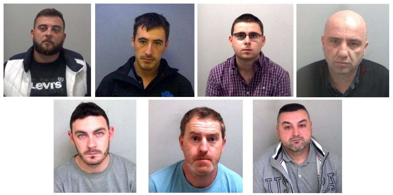 The plotters, top row, left to right: Alexandru-Ovidiu Hanga, Christopher Kennedy, Eamonn Harrison and Gheorghe Nica, and bottom row, left to right: Maurice Robinson, Ronan Hughes and Valentin Calota (Essex Police/PA)