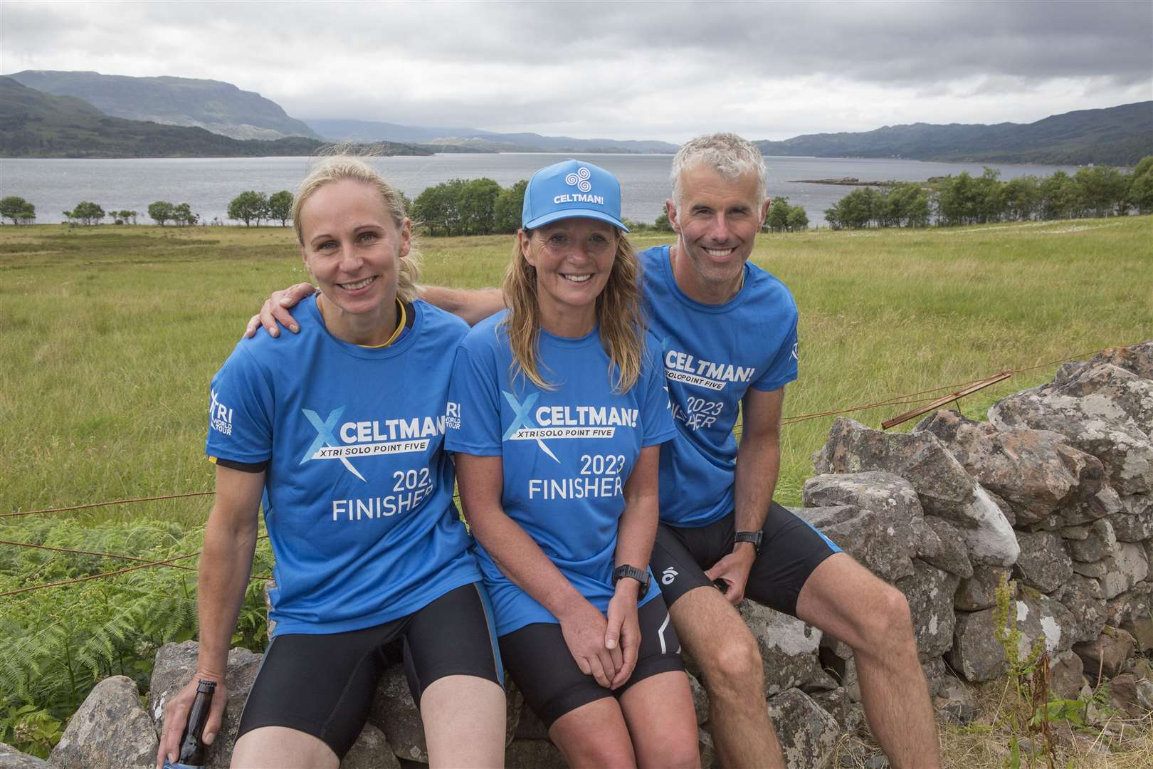 Amy Sutherland, Lorna Stanger and Kenny MacGruer after completing the Celtman Xtri Solo Point Five triathlon on Saturday. Picture: Robert MacDonald/Northern Studios