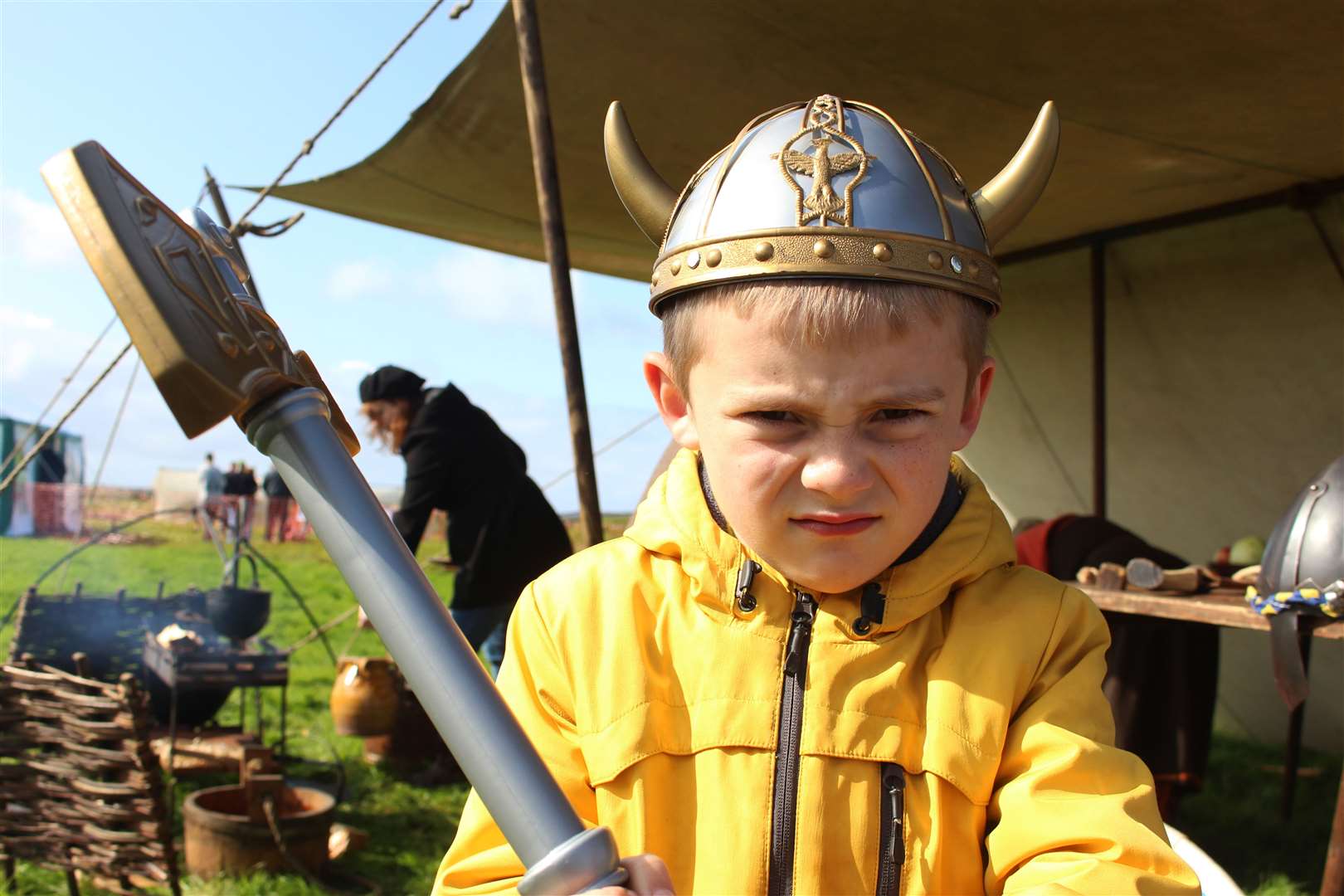 Struan Dunnet (7) from Wick put on a fierce Viking expression as he wielded his axe. Picture: Alan Hendry