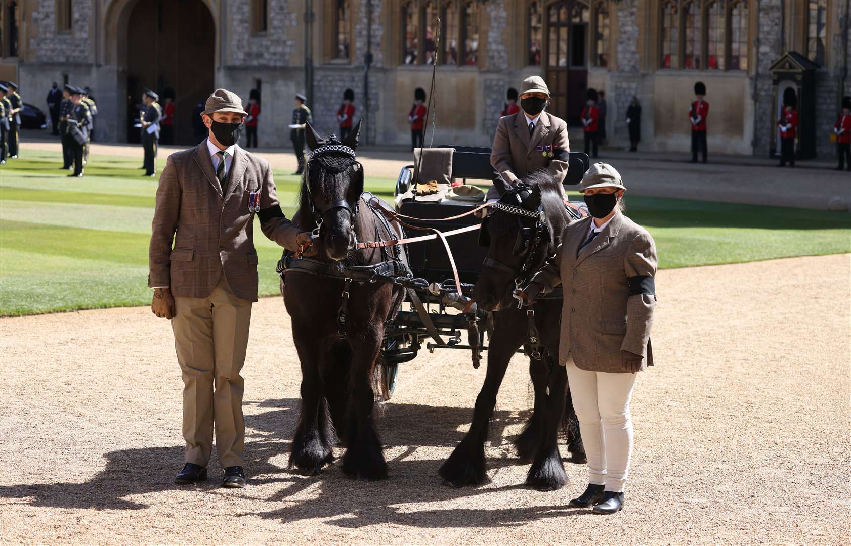 Fell ponies Balmoral Nevis and Notlaw Storm and the Duke of Edinburgh’s driving carriage in the Quadrangle at Windsor Castle (Ian Vogler/Daily Mirror/PA)