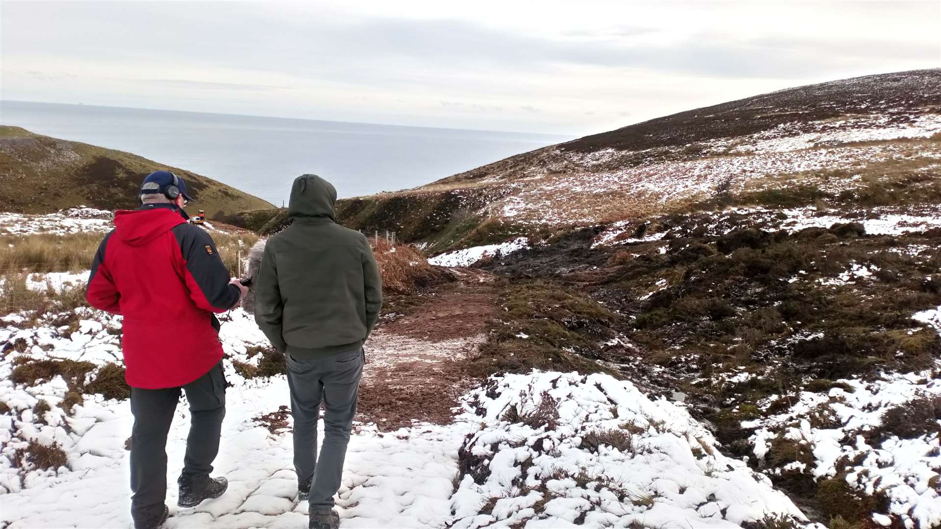 Mark Stephen and Iain Maclean making their way to the Ousdale Broch site off the A9.