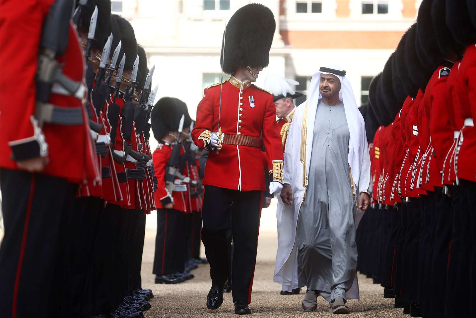 Sheikh Mohammed bin Zayed Al Nahyan, Crown Prince of the Emirate of Abu Dhabi, inspects a Guard of Honour in central London (Hannah McKay/PA)