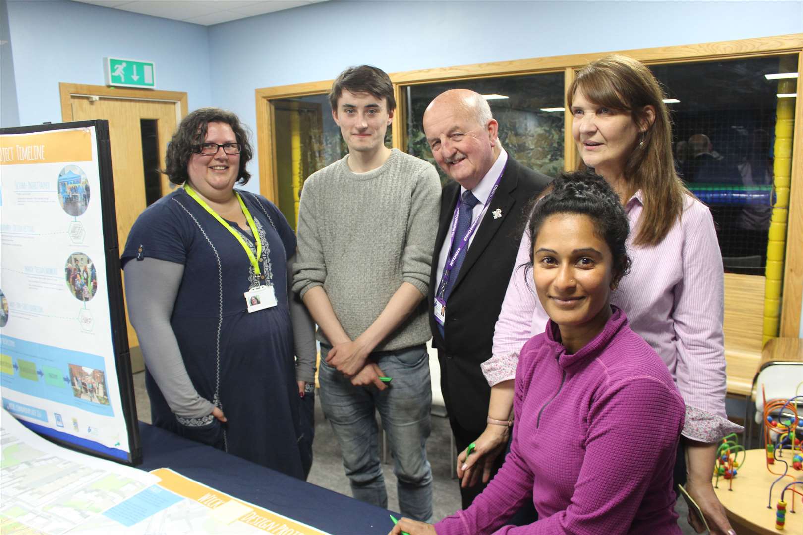 From left: Barbara Kerr (Sustrans), JJ McGuckin (Sustrans), Councillor Willie Mackay (Highland Council), Jennifer Harvey (Pulteneytown People’s Project) and Lavanya Balasubramanian (Sustrans) at the consultation session in the Pulteney Centre.