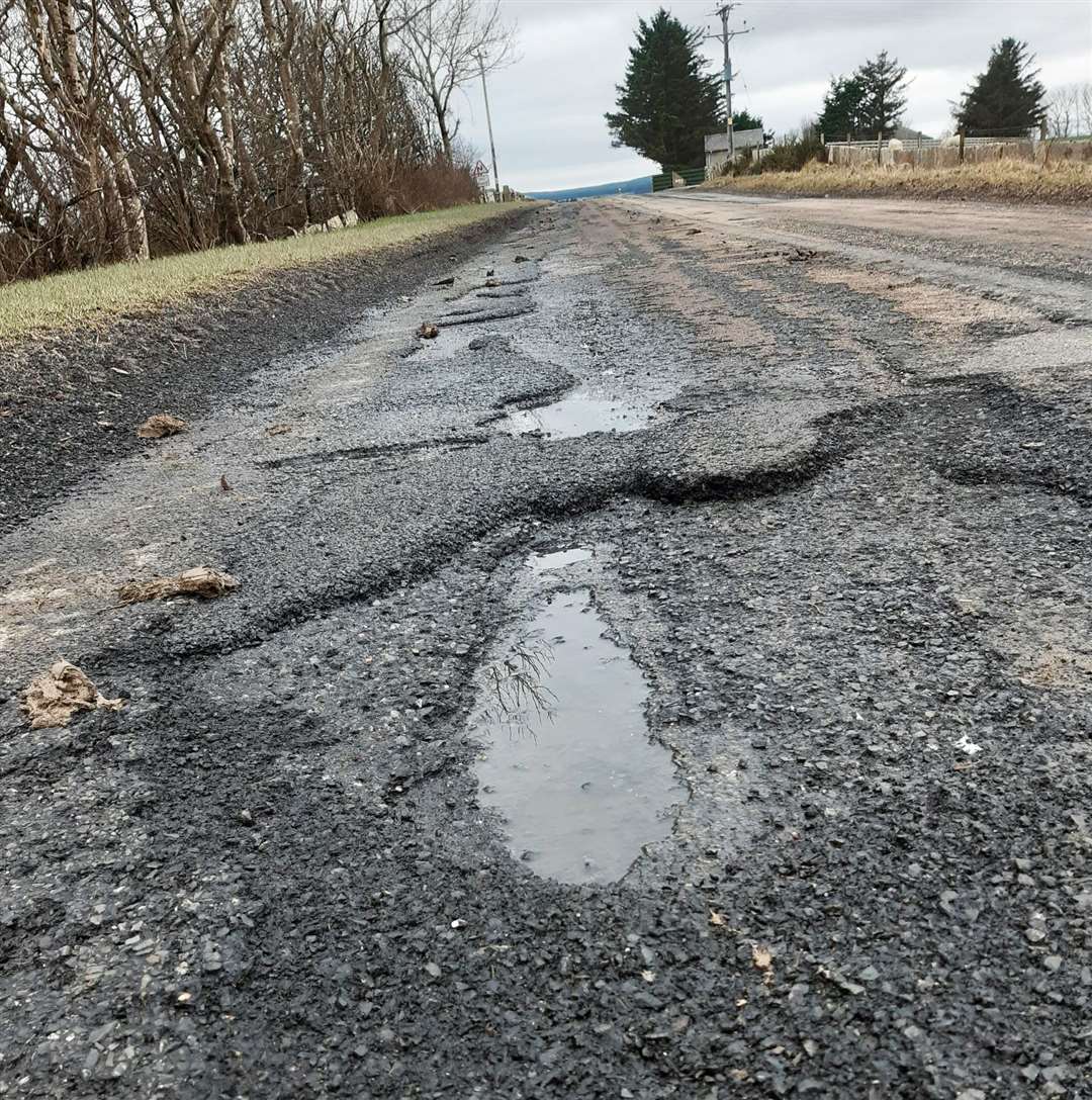 Potholes on the Shebster road at Westfield farm.