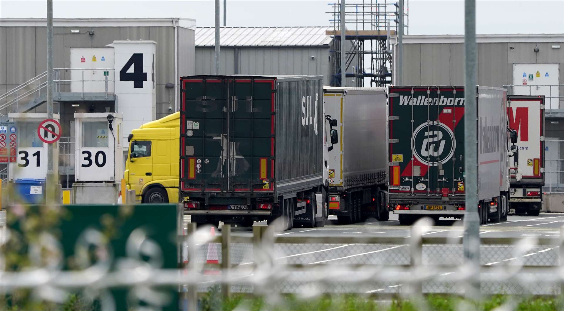 Lorries at the Sevington Inland Border Facility in Ashford, Kent, as physical, documentary and identity post-Brexit border control checks begin on medium and high-risk plant and animal imports from the EU (Gareth Fuller/PA)