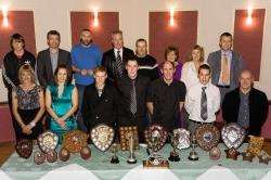 Some of the Wick Wheelers cycling club’s trophy winners face the camera, along with some of the other club members and supporters, during their annual presentation dinner in Mackays Hotel, Wick. Photo: Robert MacDonald.