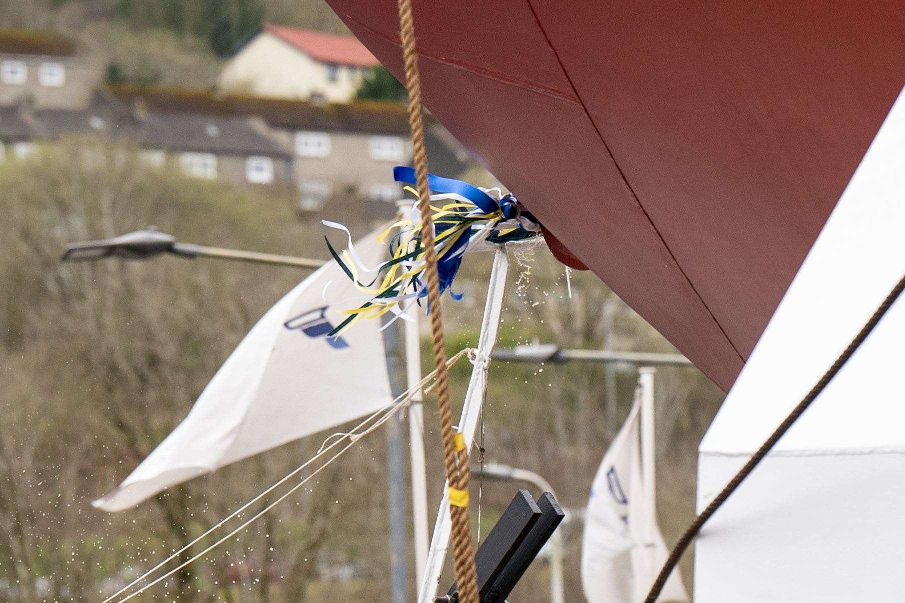 A bottle of whisky is smashed against the hull to launch the MV Glen Rosa (Jane Barlow/PA)