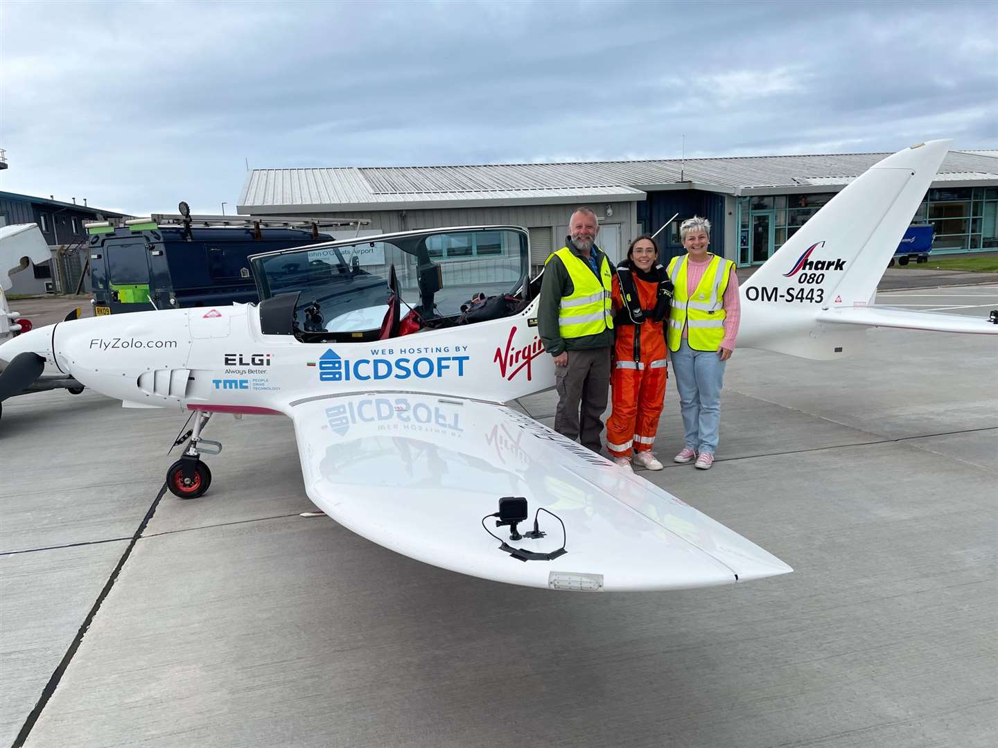 Zara at Wick John O'Groats Airport with John and Marie Yendall.