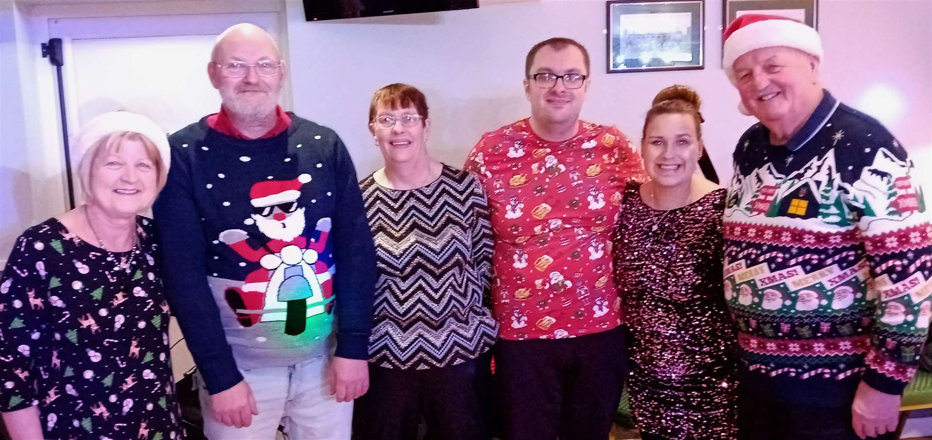In the festive party mood are (from left) Glynis Mackay, Shane Thomson, Catherine Mahon, Aaron Mahon, Aimee Marks and Willie Mackay. Picture: Willie Mackay