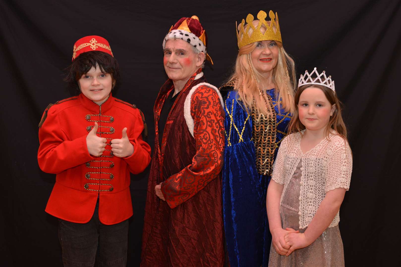 Getting ready for the Bettyhill production of Sleeping Beauty are (from left) Leo York as Plop, Graham Staves as King Jeff, Libby Mackay as Queen Britney and Maisie Mackay as the Queen’s Maid. Picture: Jim A Johnston
