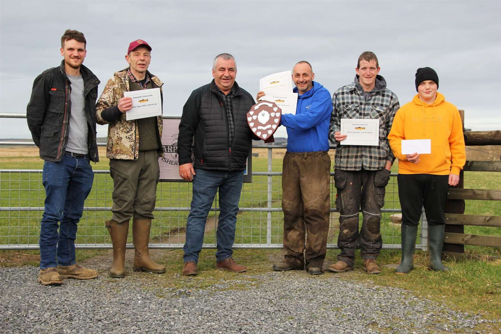 From left: Gavin Munro (sponsor), Toby Bracey, Martin Munro (sponsor), Kevin Imlach, Ronnie Bain and Kian Lamb after the Winter Open.