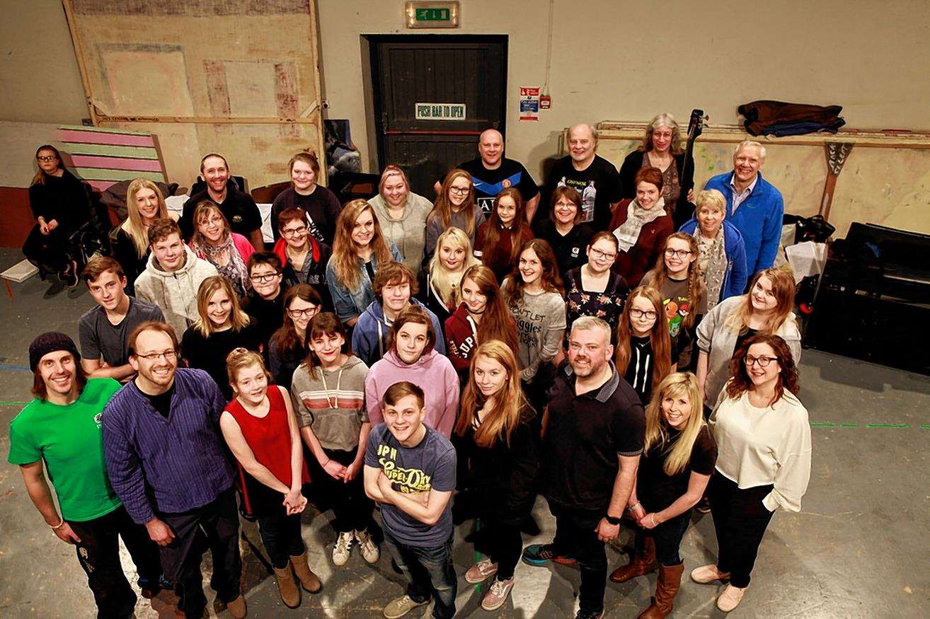 Kane Cameron (front) with the cast of the Thurso Players