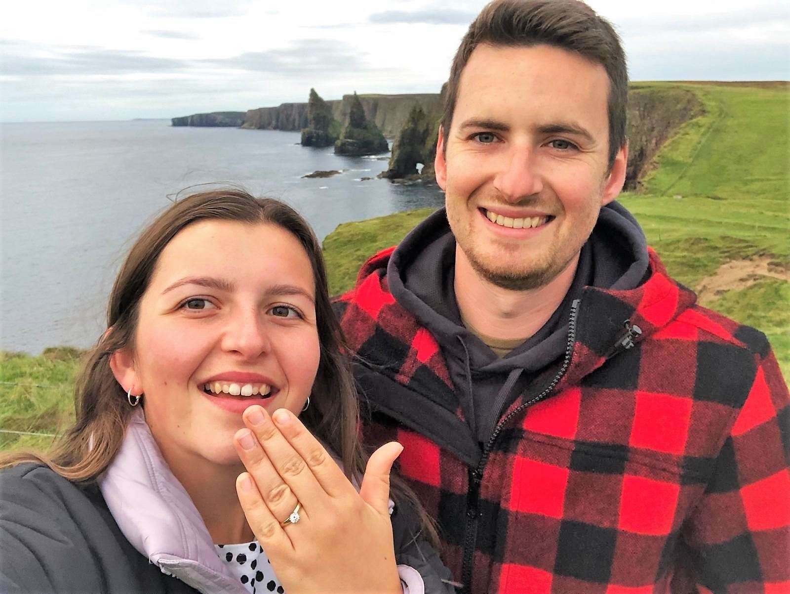 Welsh farming couple Harri Lloyd and Nia Davies took this selfie image seconds after the marriage proposal at Duncansby Stacks.