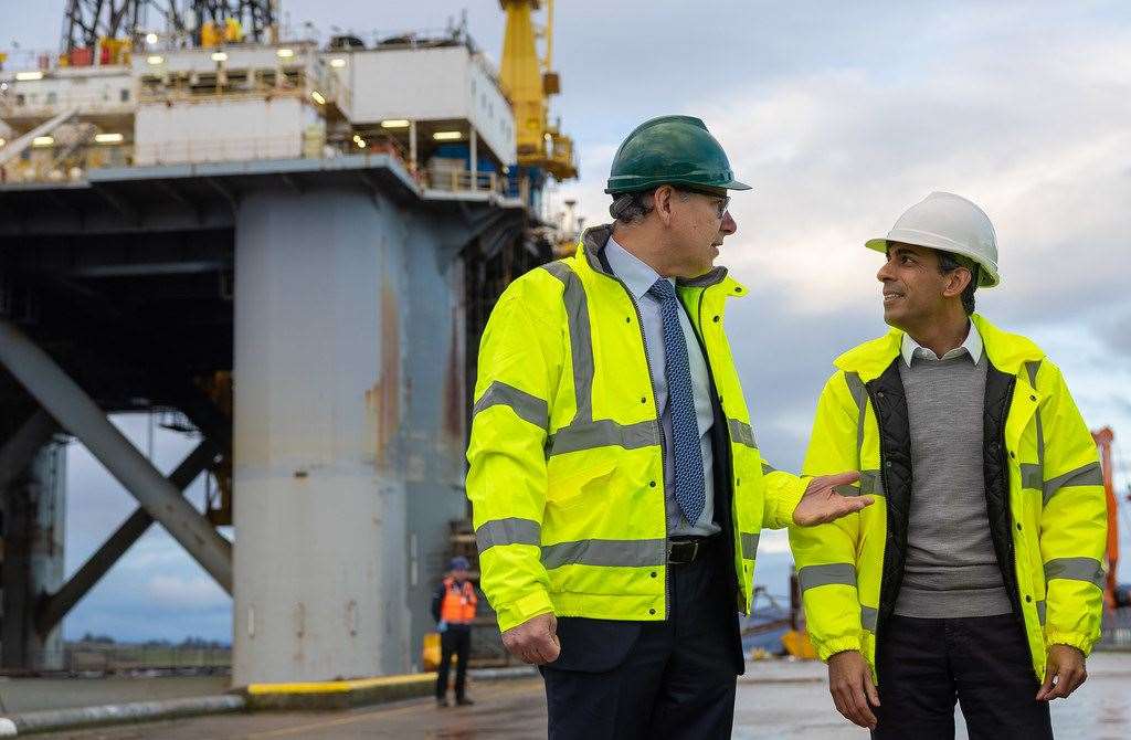 Prime Minister Rishi Sunak with Bob Buskie, the CEO of the Port of Cromarty Firth, during the visit for the freeport announcement.
