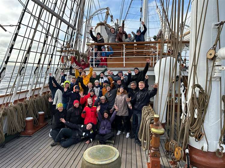 Nine of the 12 north Highland trainees on board the Statsraad Lehmkuhl with the ship’s crew and other trainees from across Scotland.