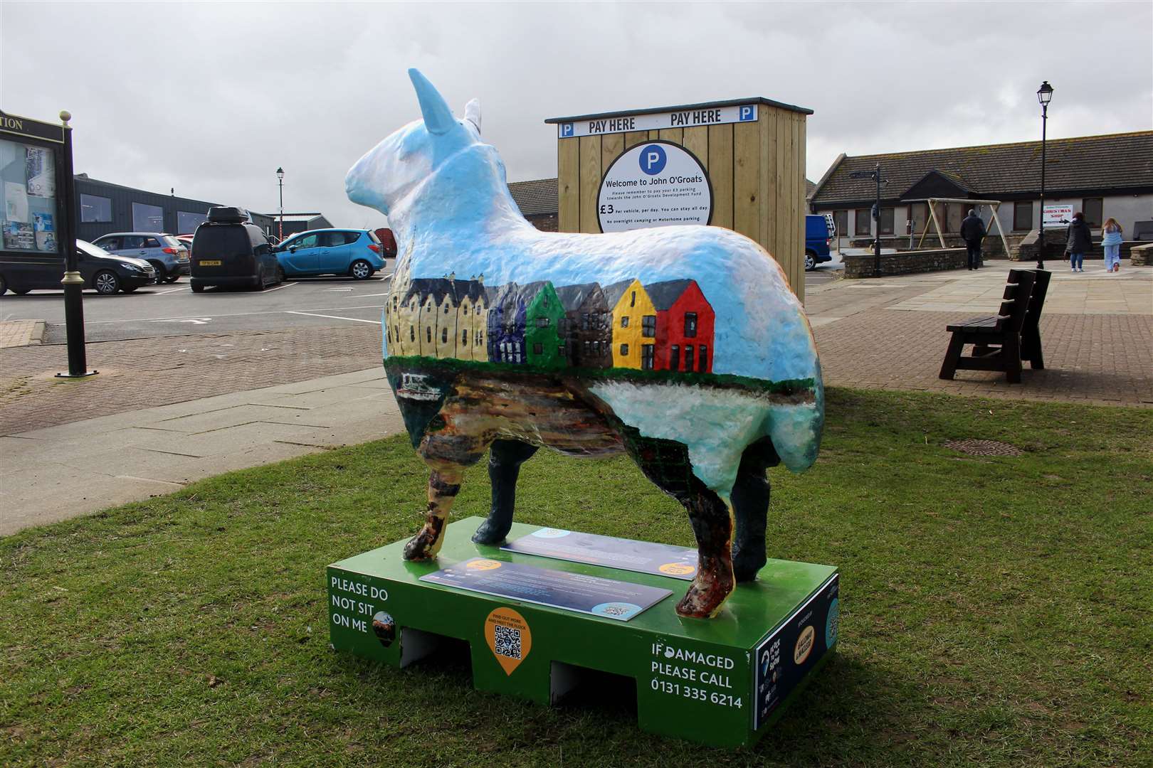 Davie Greig's sheep, showing the Inn at John O'Groats on its left flank.