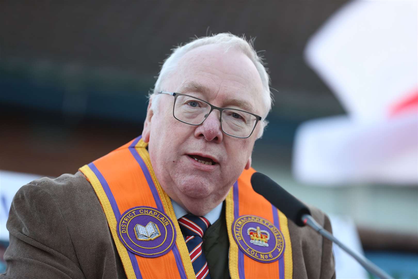 Orange Order Grand Secretary Mervyn Gibson addressed a demonstration in Newry (Liam McBurney/PA)