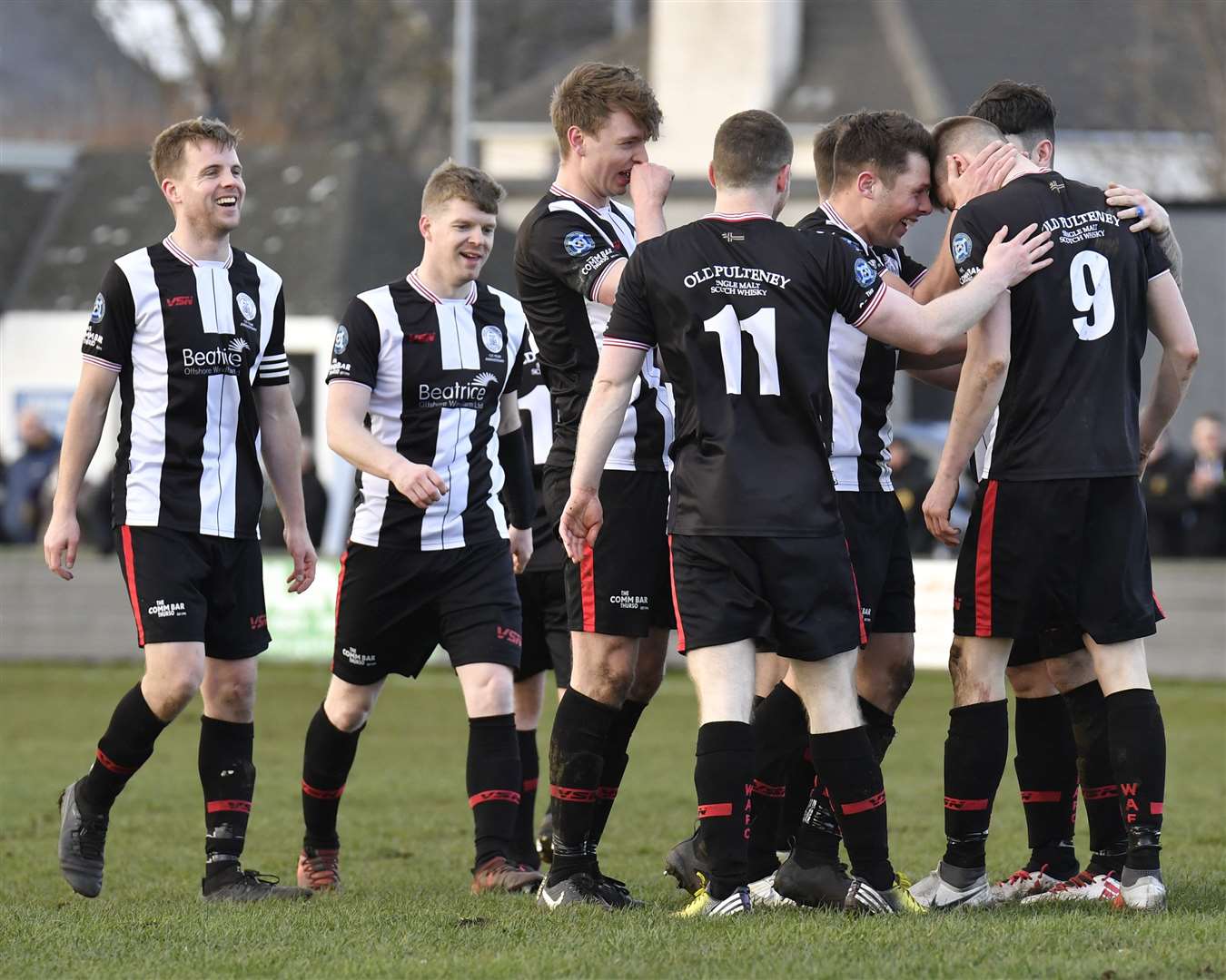 Wick players celebrate Marc Macgregor's second goal of the afternoon. Picture: Bob Roger