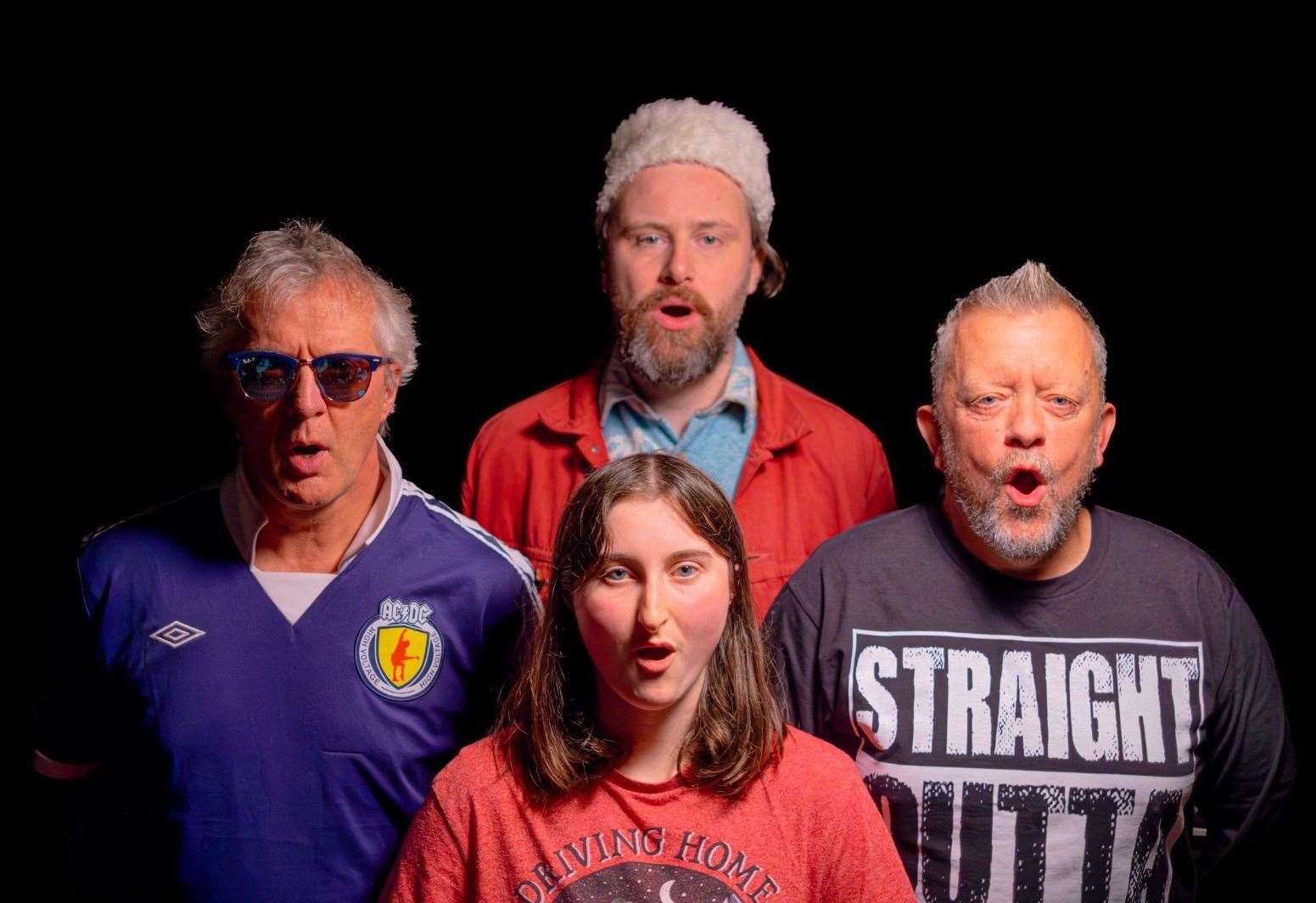 Alba Tudashi in a parody moment based on Queen's Bohemian Rapsody video. David Cormack (left) with band members Anna Matheson, Craig Swinburn and Graham Chalmers. Barry Carroll is missing from the picture.