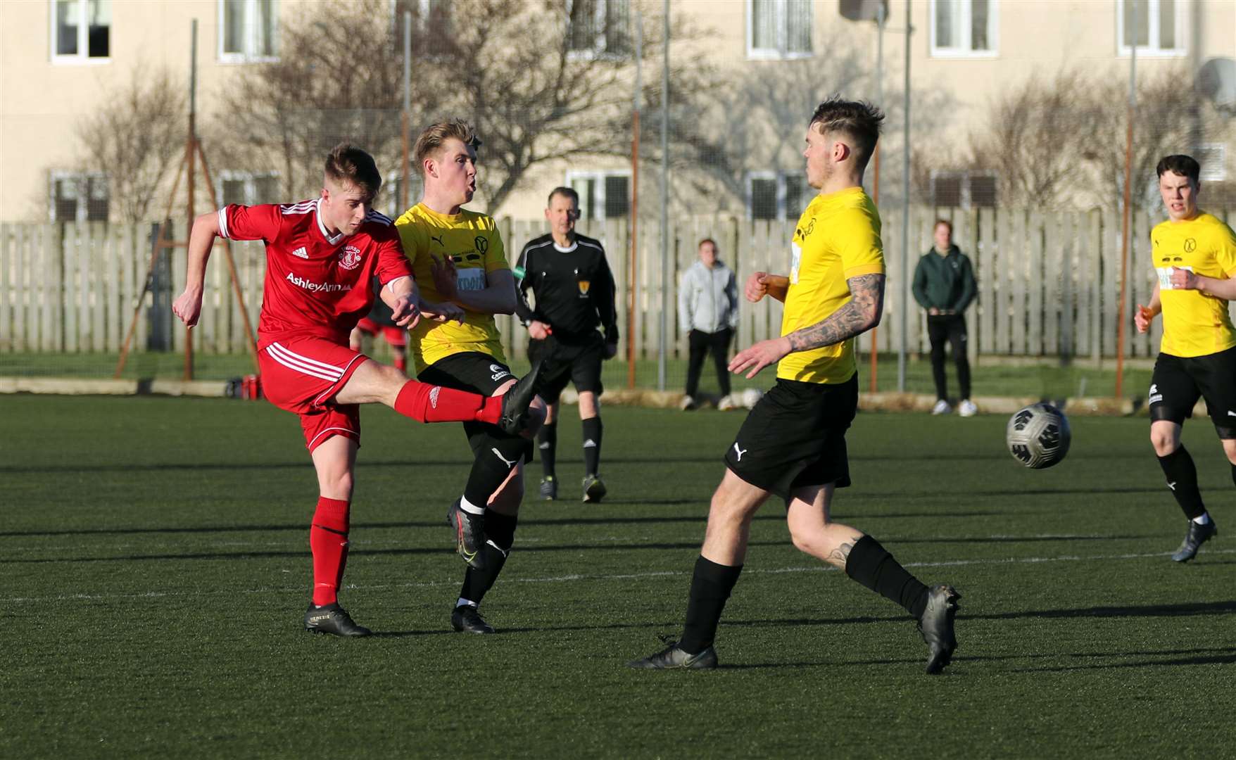 Thurso's Grant Aitkenhead has a shot at goal during the North Caledonian Cup first-round tie against Nairn County 'A' at Naver. Picture: James Gunn