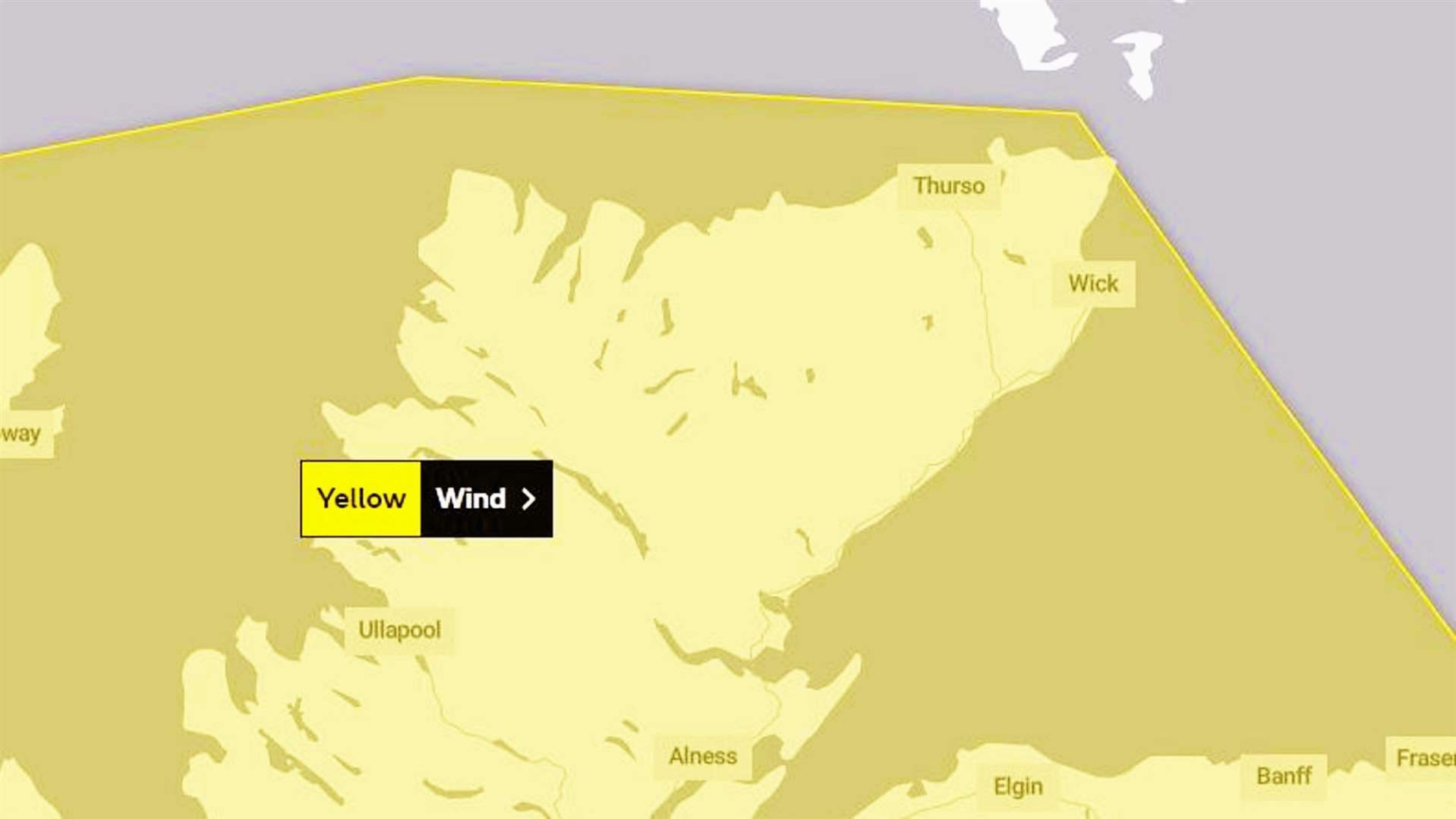 Met Office map showing high winds forecast for Caithness over Wednesday and Thursday this week.