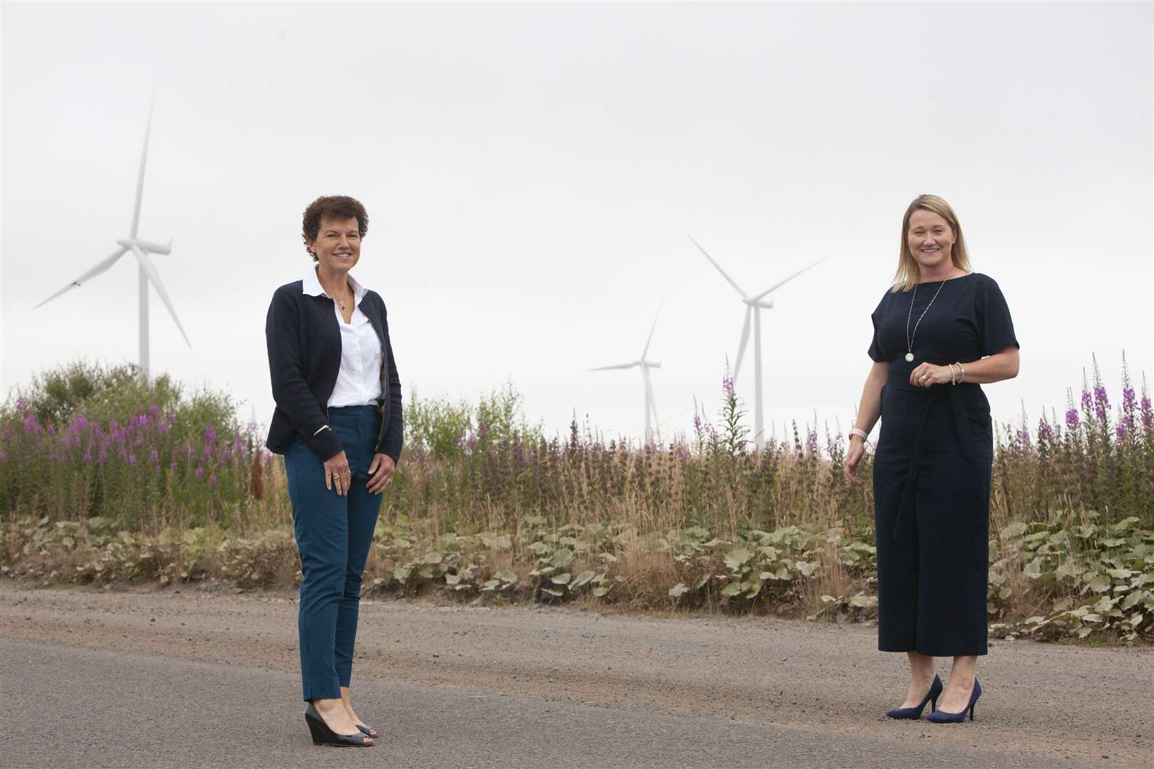 Tesco group treasurer Lynda Heywood (left) and Lindsay McQuade, CEO of ScottishPower Renewables, at Whitelee wind farm near Glasgow.