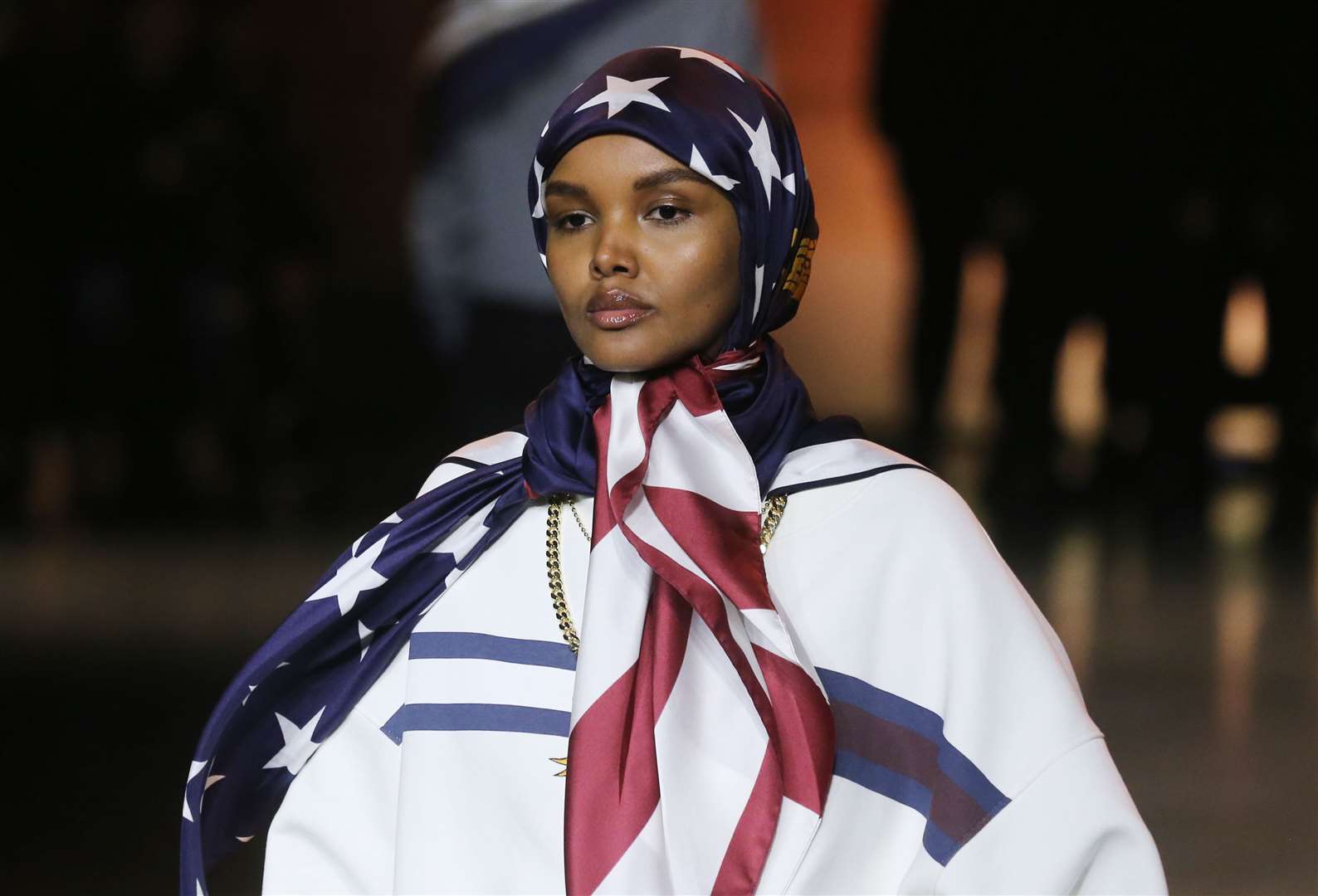 Halima Aden on the catwalk during the Tommy Hilfiger show at London Fashion Week February 2020 (Isabel Infantes/PA)