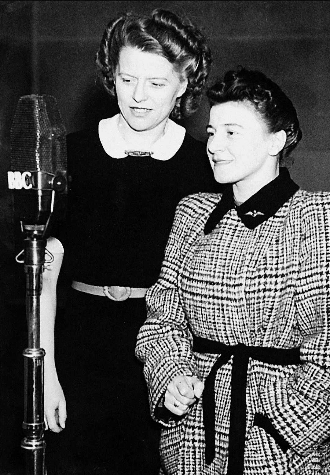 Wick-born Peggy Barrett (right) delivering a message via a BBC microphone to her husband Harry while he was serving with the Fleet Air Arm in Gibraltar during World War II. On the left is presenter Joan Gilbert.