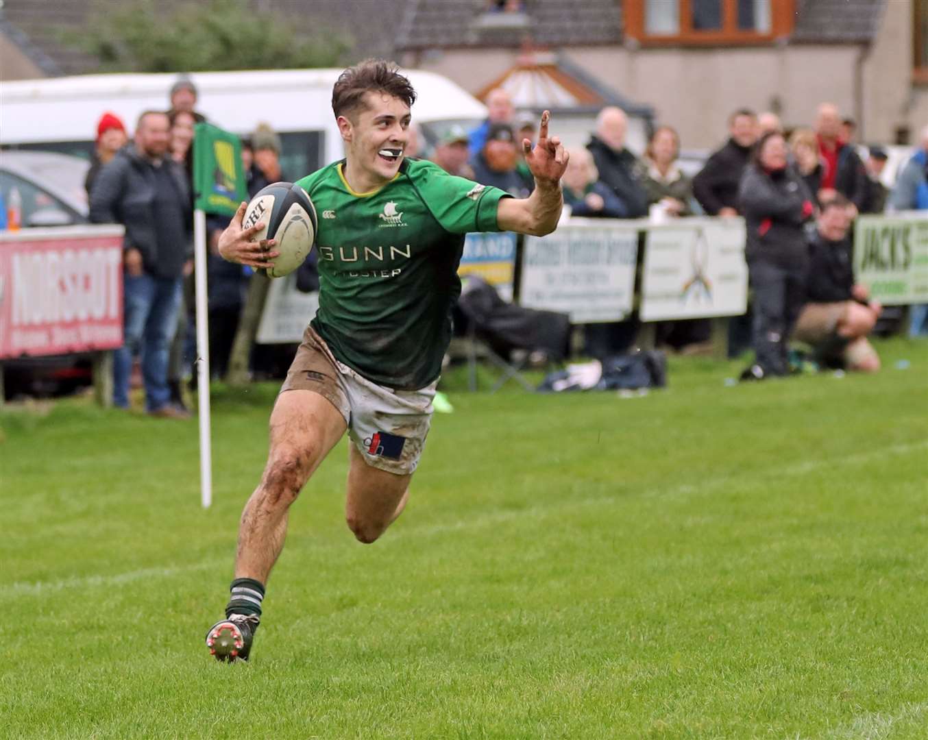 Euan Macdonald crosses the try line for his third try and starts to celebrate before touching down. Picture: James Gunn