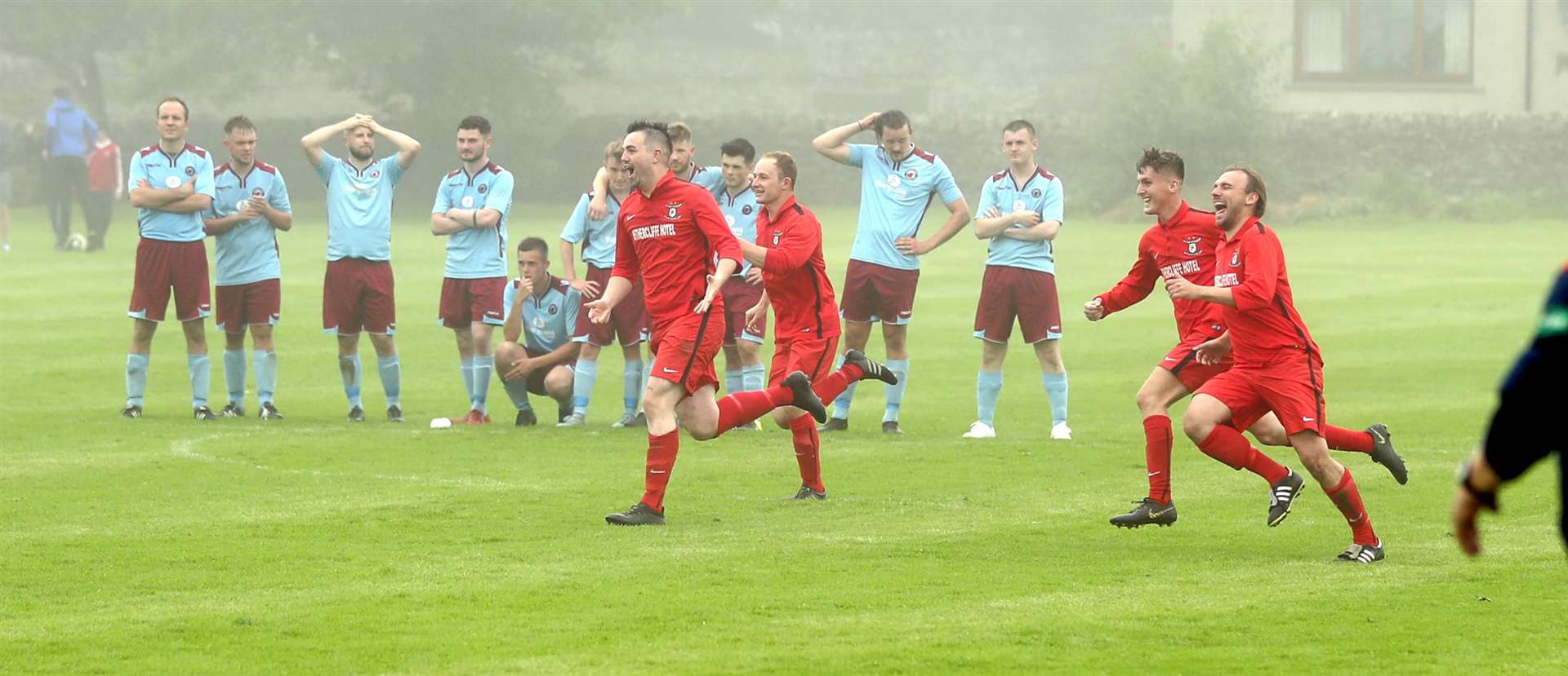Wick Groats get the party underway after winning their penalty shootout thriller against Pentland United 5-3 following a 2-2 draw after extra-time. They will now face Avoch in the Highland Amateur Cup final later this month. Picture: James Gunn