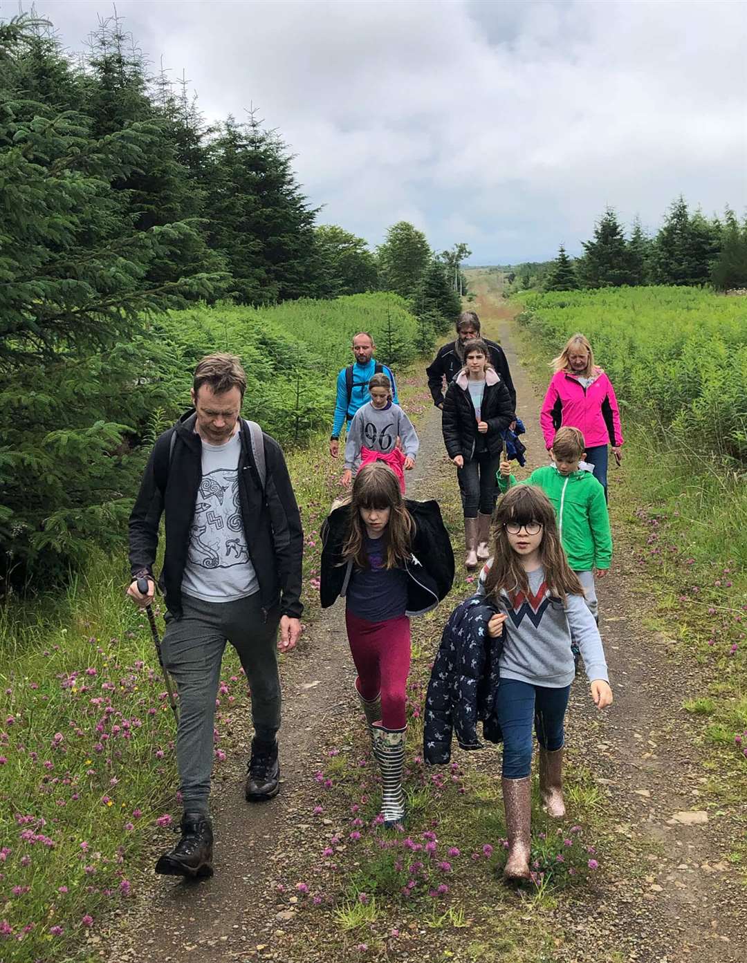 The family at Rumster Forest setting off on their walk to raise funds for pancreatic cancer in aid of Melanie Spirit, who passed away in October year. At the front, from left, are Adrian Fell, Isla Fell Cano and her sister Lizzie, with Nina Spirit-Hawthorne behind along with Sofia Fell Cano and Leon Spirit-Hawthorne in the green jacket. Taking up the rear are adults Derek Hawthorne, Angus Spirit and Wendy Mackay.