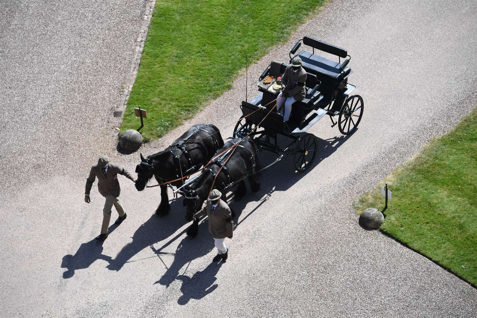 Fell ponies, Balmoral Nevis and Notlaw Storm pulling the Duke of Edinburgh’s driving carriage (Kirsty O’Connor/PA)