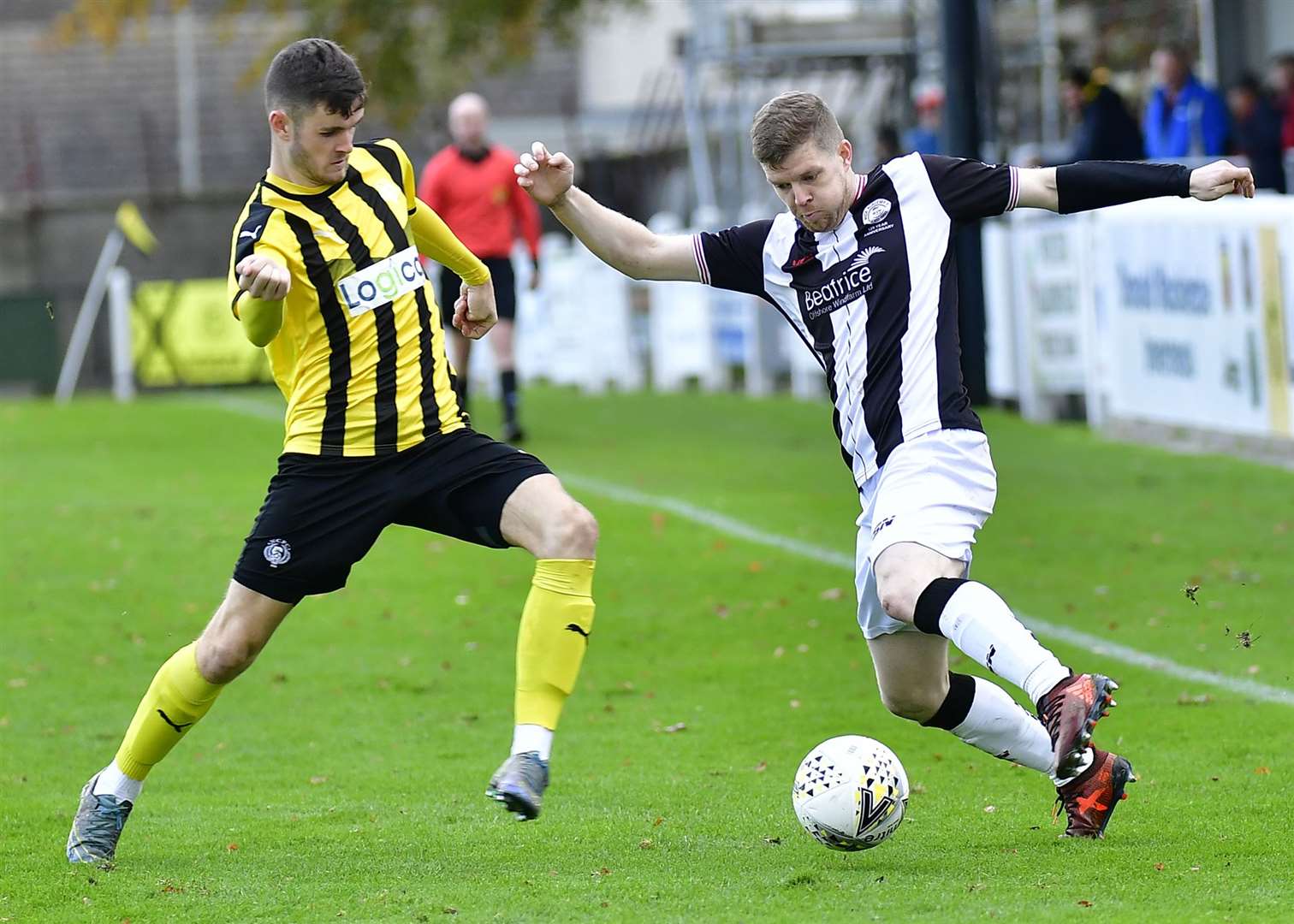 Ross Allan takes on Dylan Mackenzie of Nairn County during Academy's 1-0 defeat at Station Park last Saturday. Picture: Mel Roger