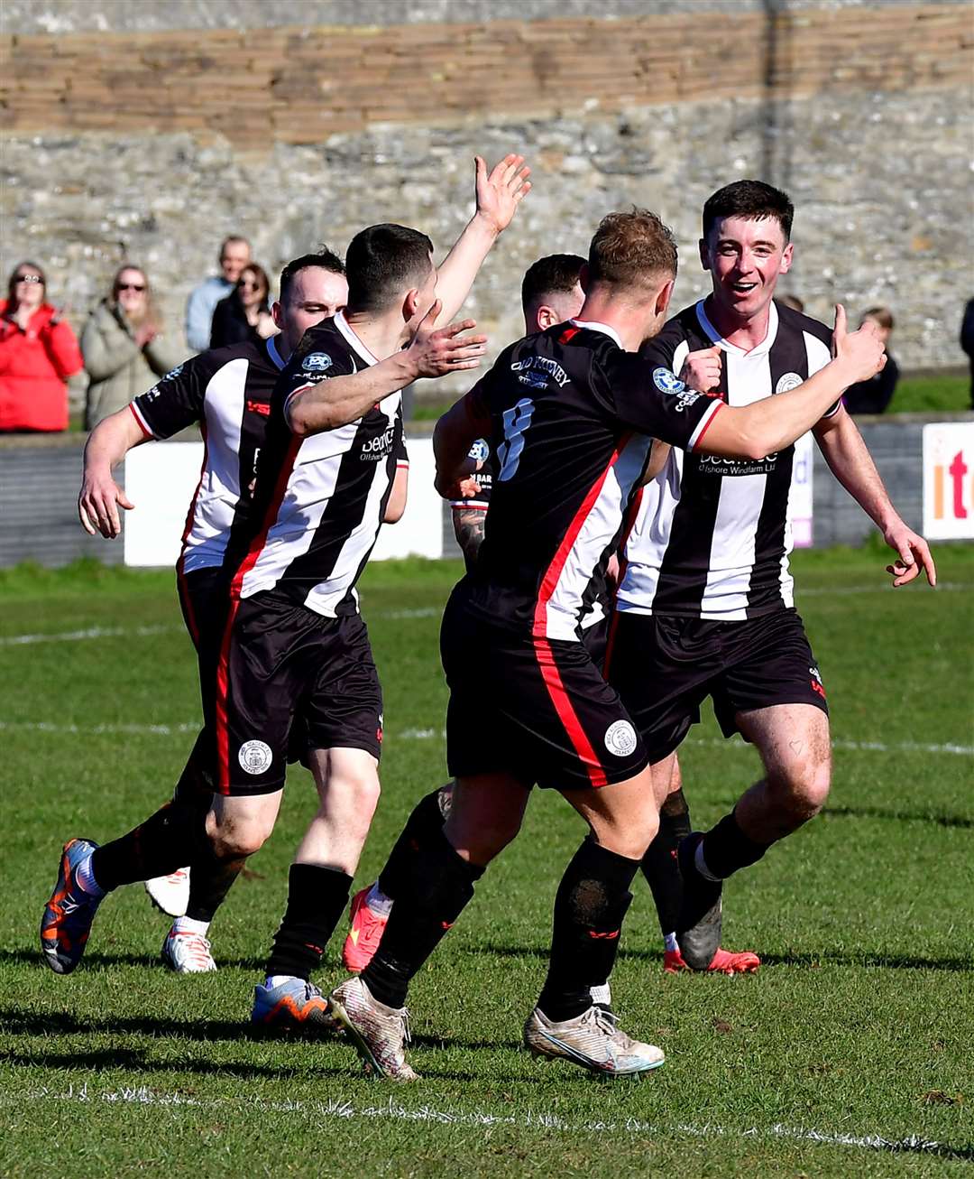 Wick players celebrate Kyle Henderson's equaliser against Brechin City at Harmsworth Park, Picture: Mel Roger