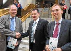 Rob Gibson (left) with Duncan MacIntyre (centre), from Hi-Scot Credit Union, and Western Isles MSP Alasdair Allan. Mr MacIntyre was at Holyrood to promote the credit union’s plans to extend its Highlands and Islands service.