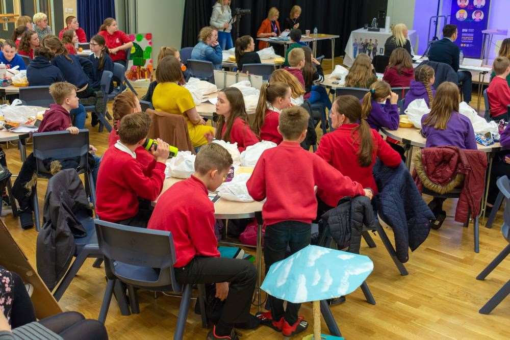 Primary pupils taking part in a Junior Dragons’ Den business enterprise challenge in Wick last year.